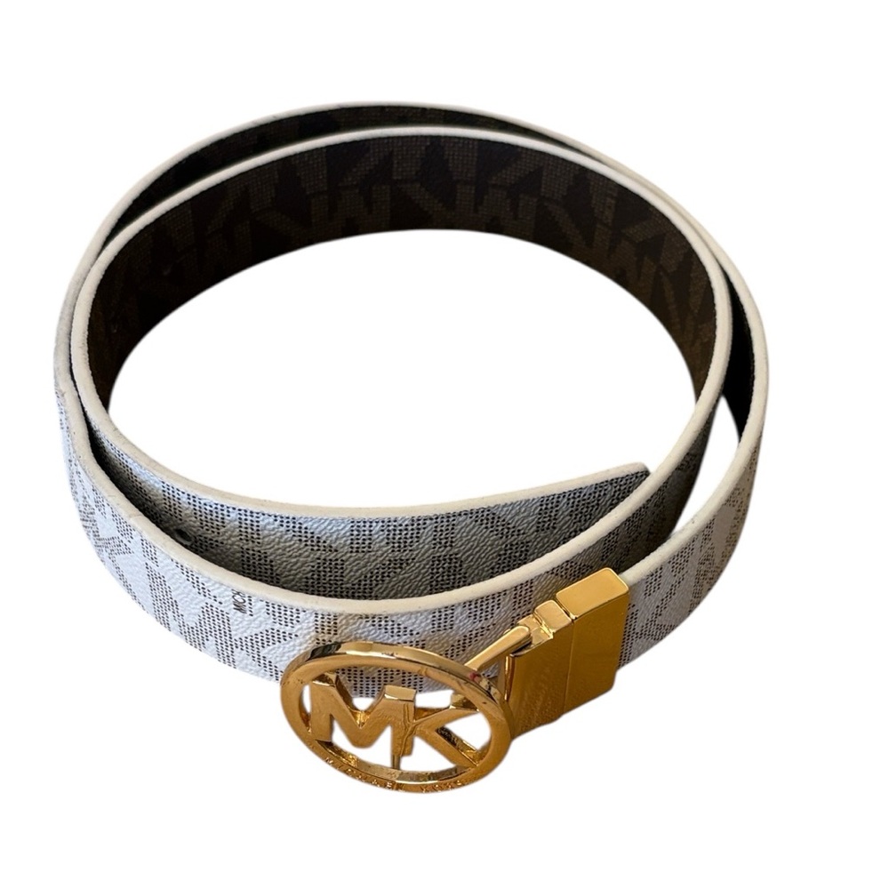 MICHAEL KORS Twist Reversible Belt White Monogram/Brown Monogram 38” M/L, Unisex